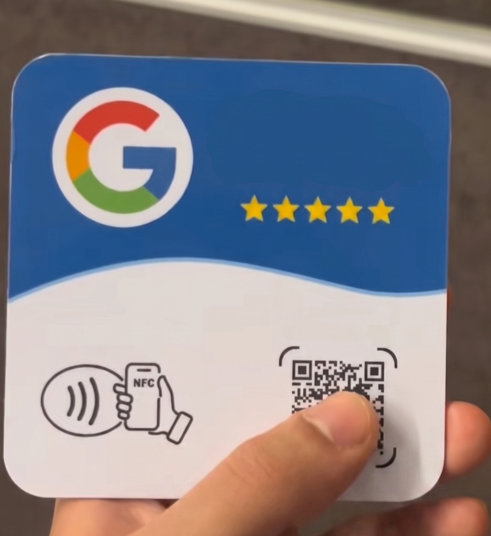 A Google review card with tap-to-review NFC and scan-to-review QR code